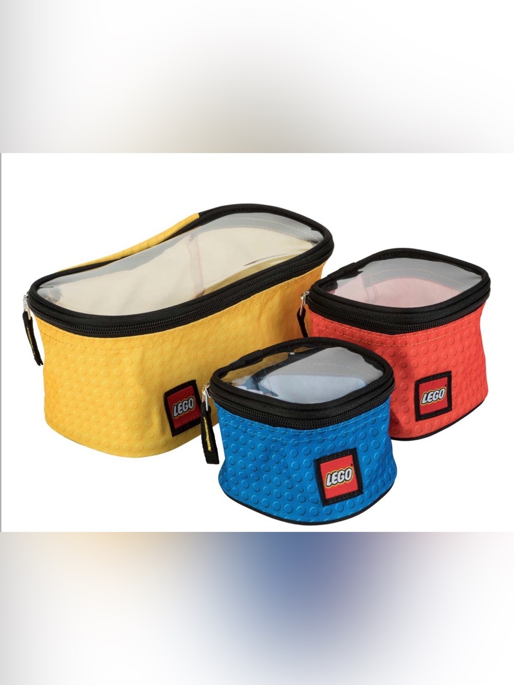 Lego Three-Piece Clear-Top Pouch Set in Yellow, Blue & Red